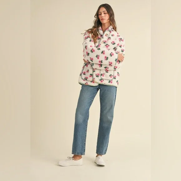 MABLE Floral Print Sherpa Jacket in Off White - Picture 4 of 9